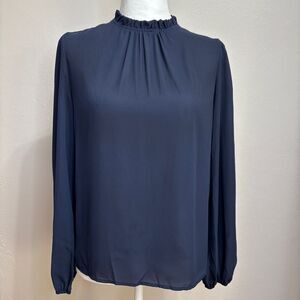 Shein Chiffon High Neck Top Women XS/2 Navy Neck Ruffle Academia Office Preppy
